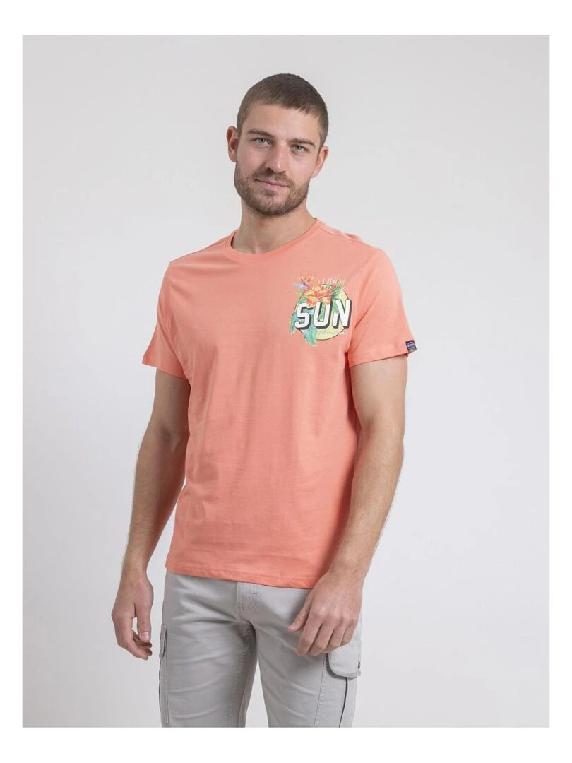T shirt col rond pur coton NOGOZO Orange corail