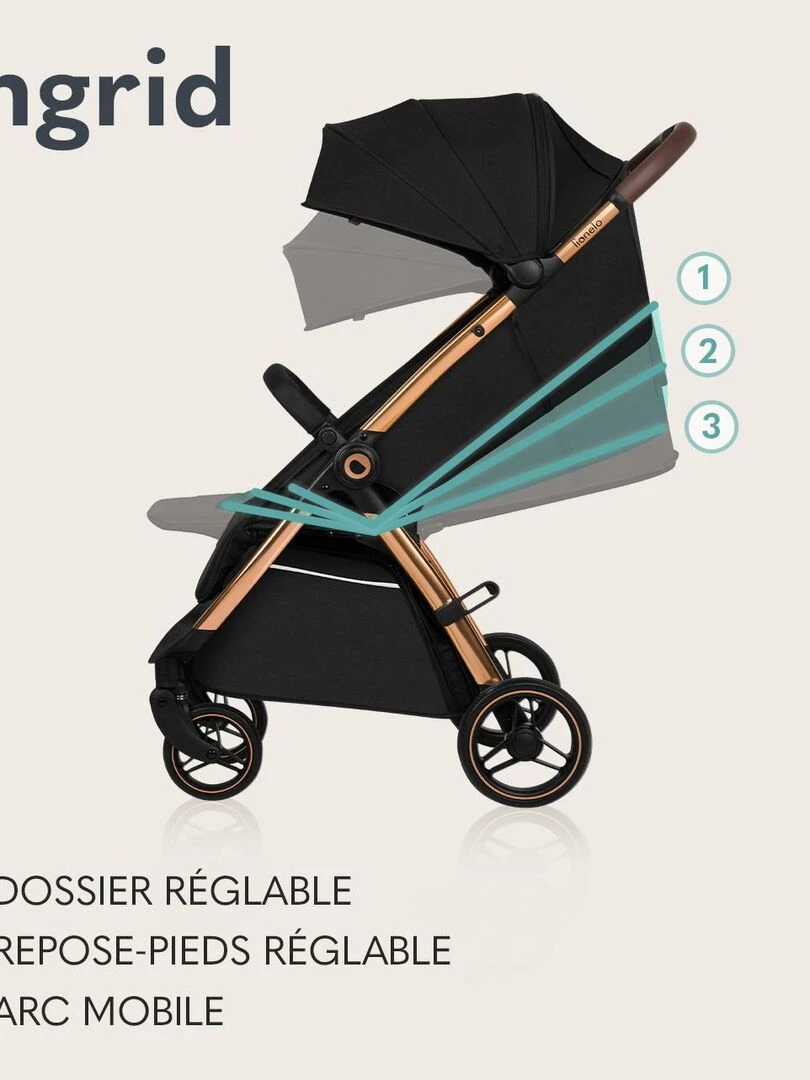 LIONELO Ingrid Poussette bébé compacte Jusqu'à 22 Kg Légère & pliable Noir/Or Noir Doré