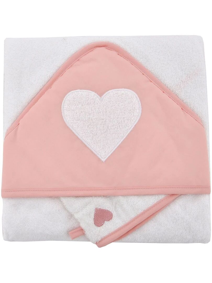 Cape de bain brodée et gant coeur corail Rose