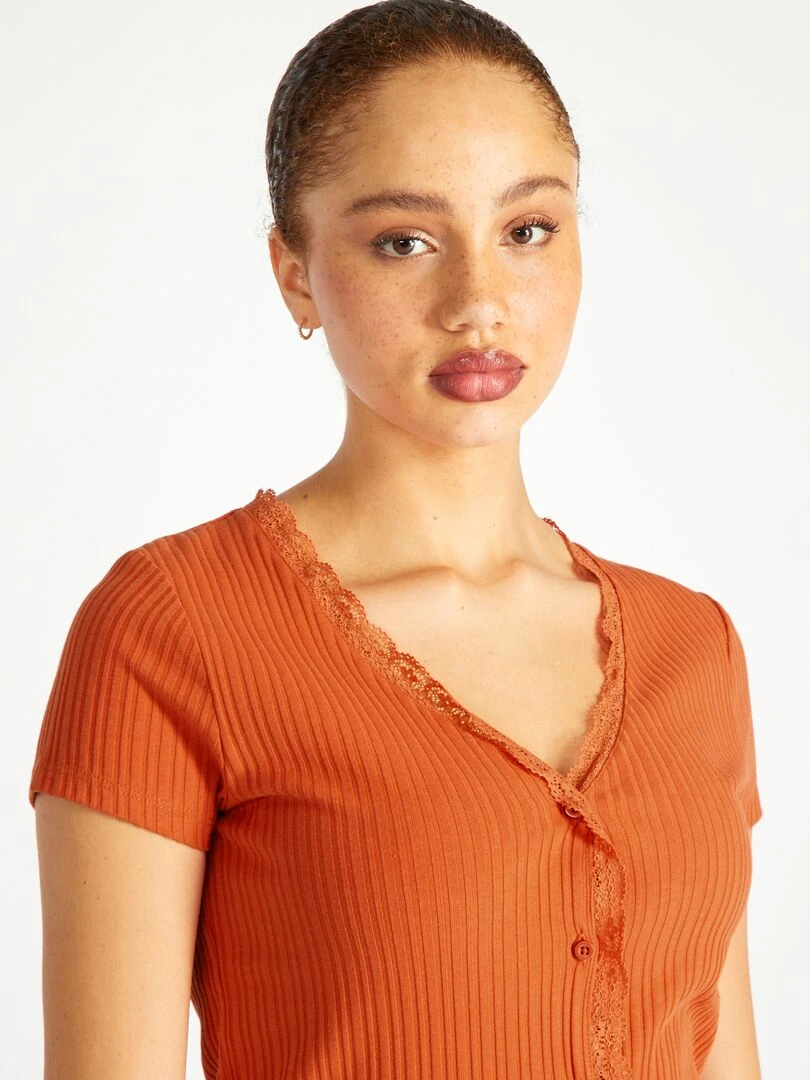 T shirt côtelé avec dentelle   orange