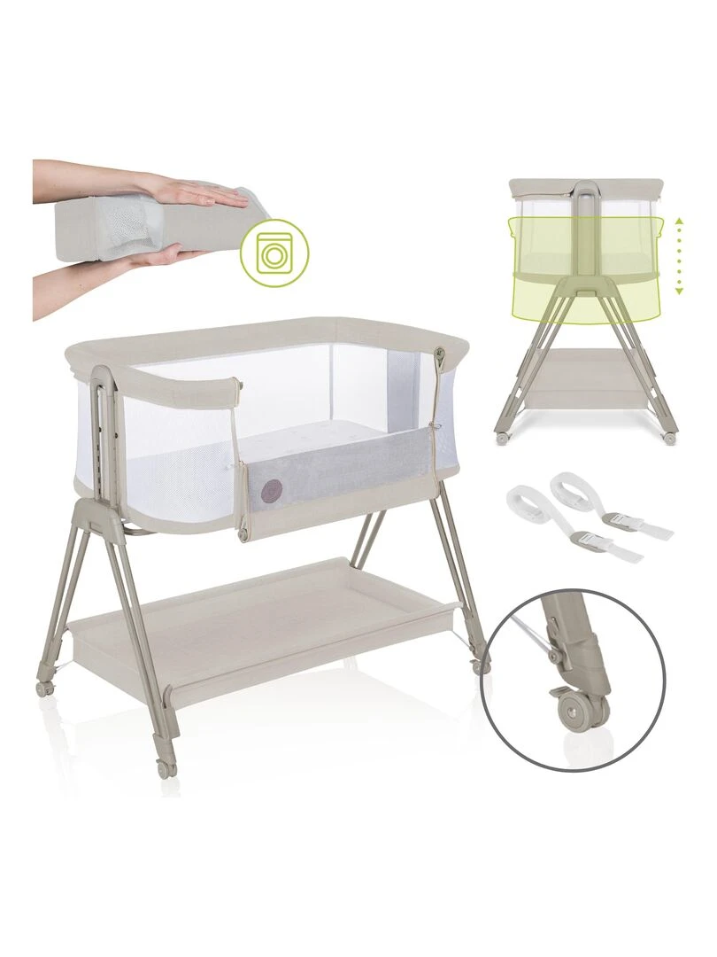 LIONELO Luna Lit évolutif cododo avec matelas De 0 Kg à 9 Kg Hauteur et inclinaison réglables Beige