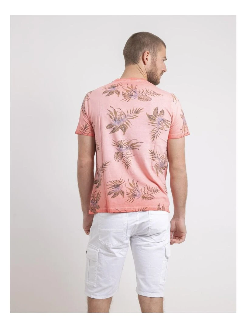 T shirt col rond pur coton motifs NULEMON Orange corail