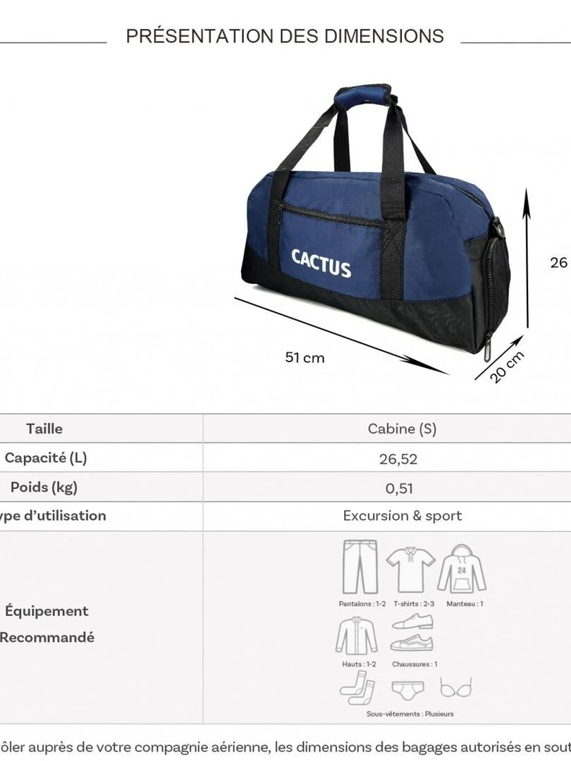 Sac de voyage week end 26L et sport sans roulettes Bleu