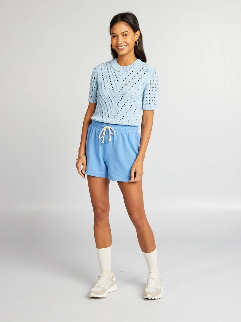 Pull en maille ajourée à manches courtes Bleu