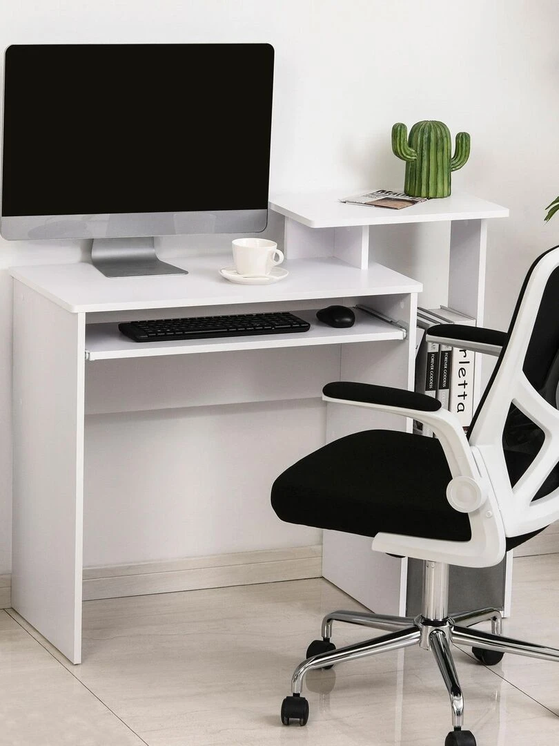 Bureau informatique étagères tablette clavier panier panneaux particules Blanc