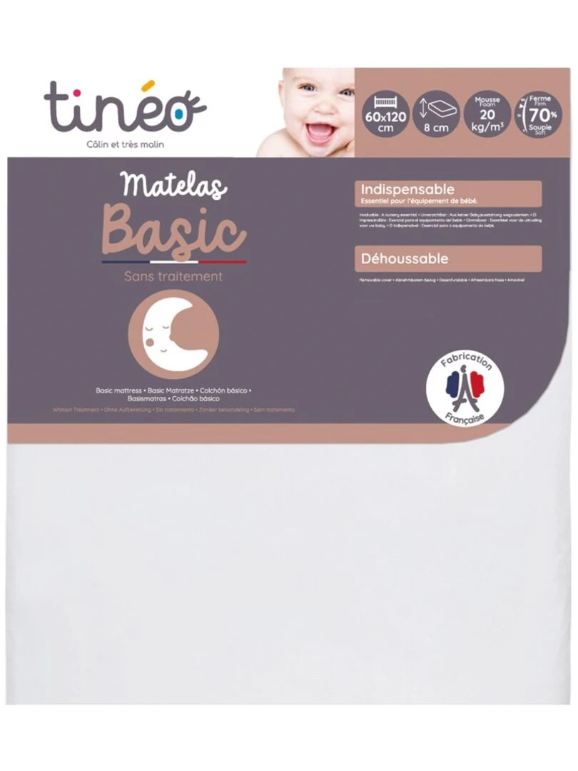 Matelas bébé Basic déhoussable 60 cm x 120 cm x 8 cm Blanc