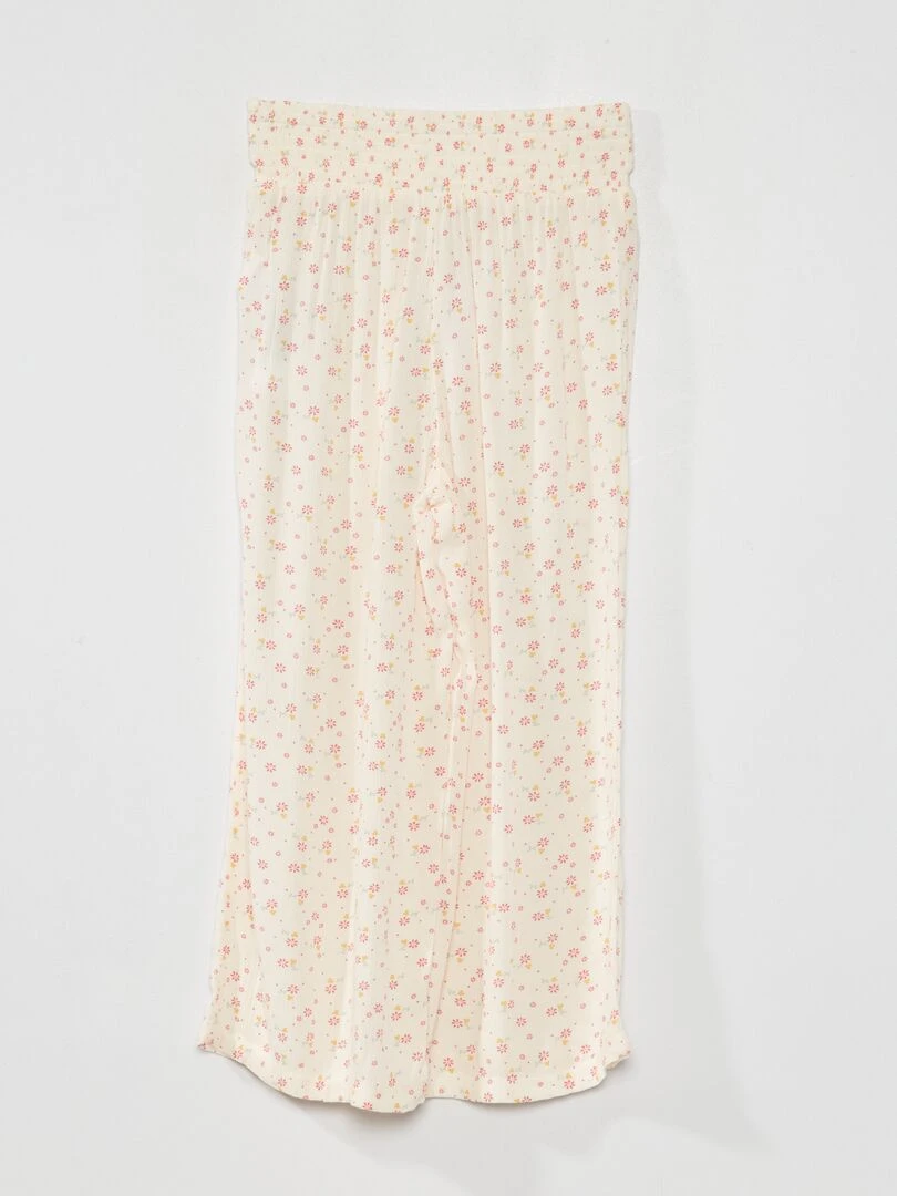 Pantalon large 'fleuri' tissu gaufré Beige