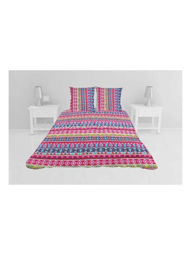 Couvre lit microfibre + taies Ethnique coloree Rose