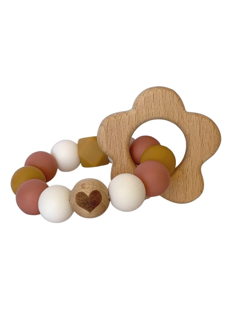 Hochet fleur bois et silicone Rose