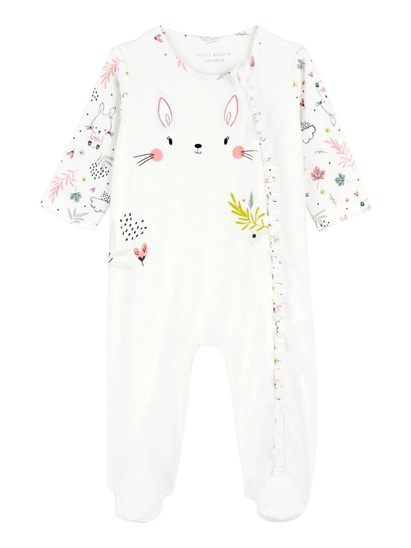 Pyjama bébé en velours ouverture zippée Happy Bunny Ecru