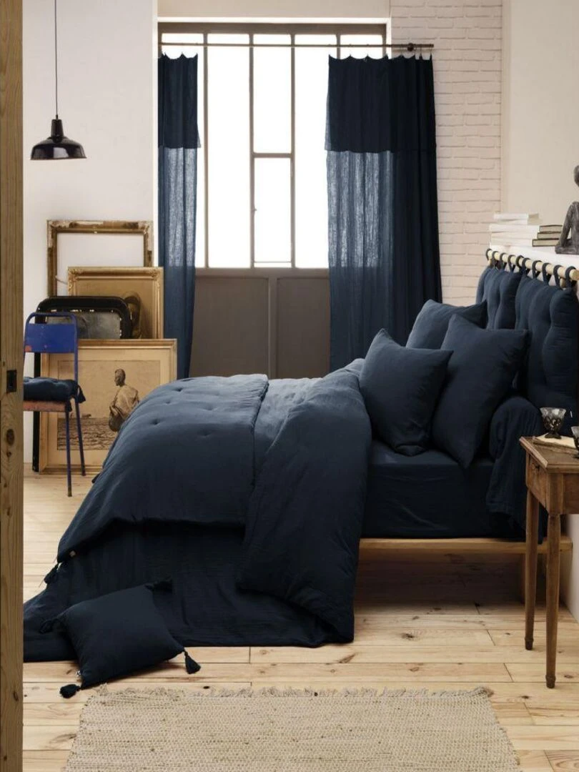 Rideau Ajustable 140x300 cm Gaze de Coton   Bleu nuit