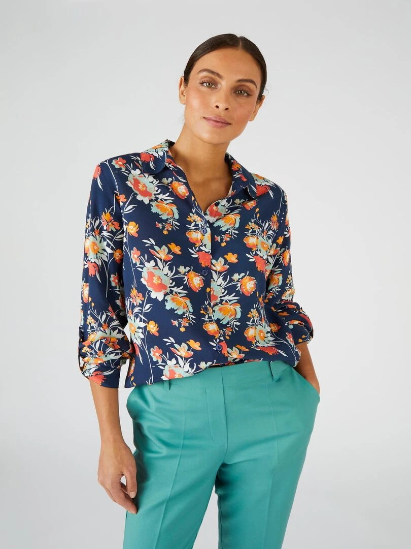 Chemisier doux imprimé fleurs Damart Bleu marine