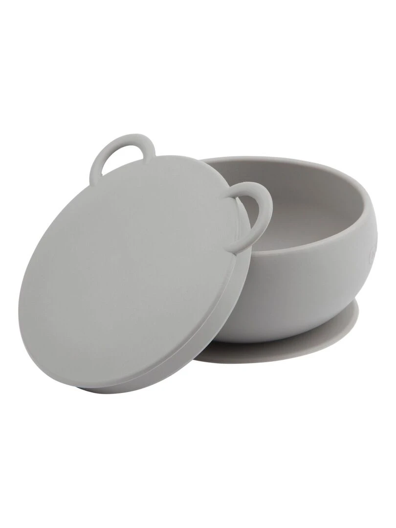 Bol bébé avec ventouse et couvercle en silicone Gris