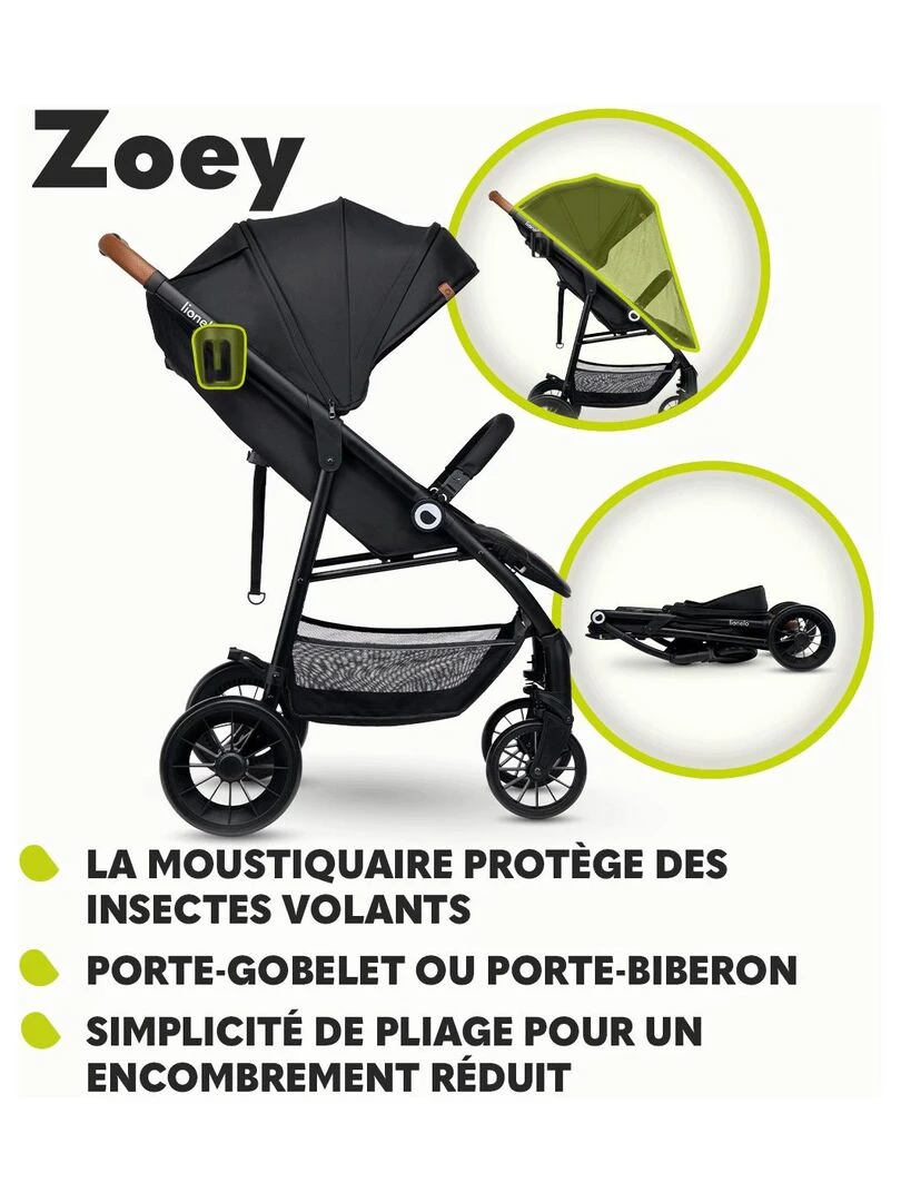 LIONELO Zoey   Poussette bébé compacte Buggy   De 6 à 36 mois   Capote XXL   Gris   Noir Gris