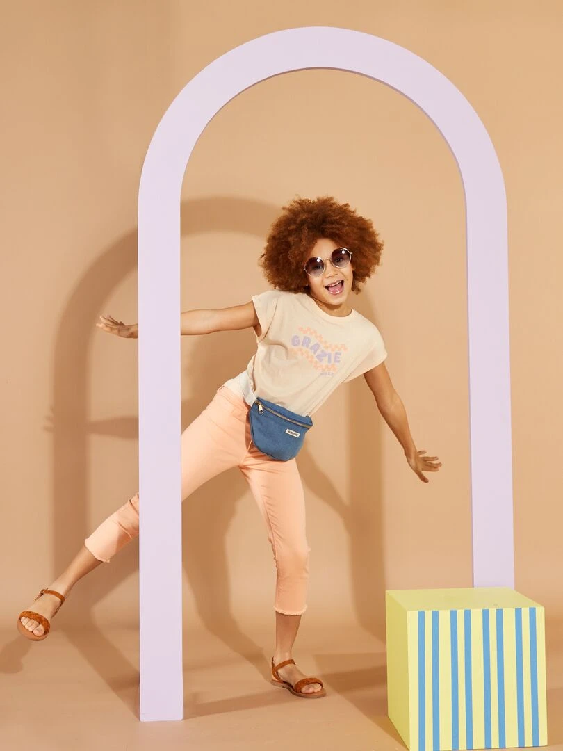 T shirt en jersey avec revers de manches Beige