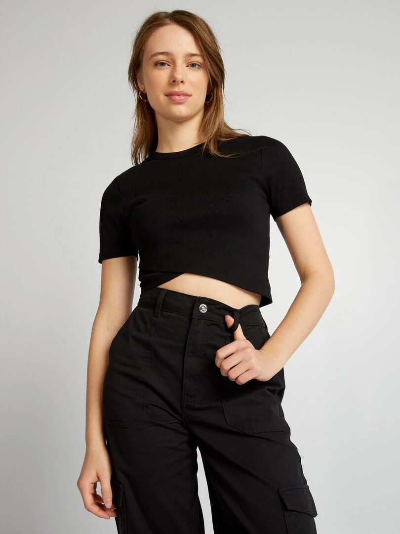 Tee shirt crop top côtelé noir