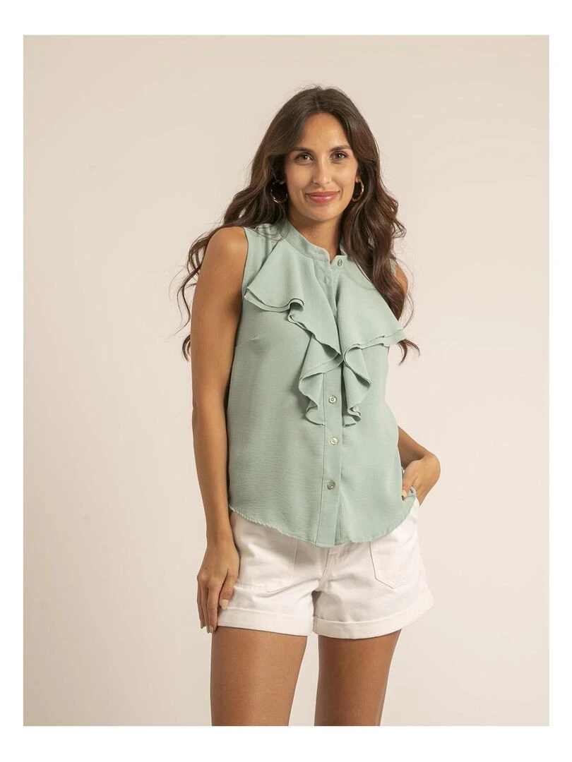 Chemise sans manches col jabot ODESSA Vert pistache