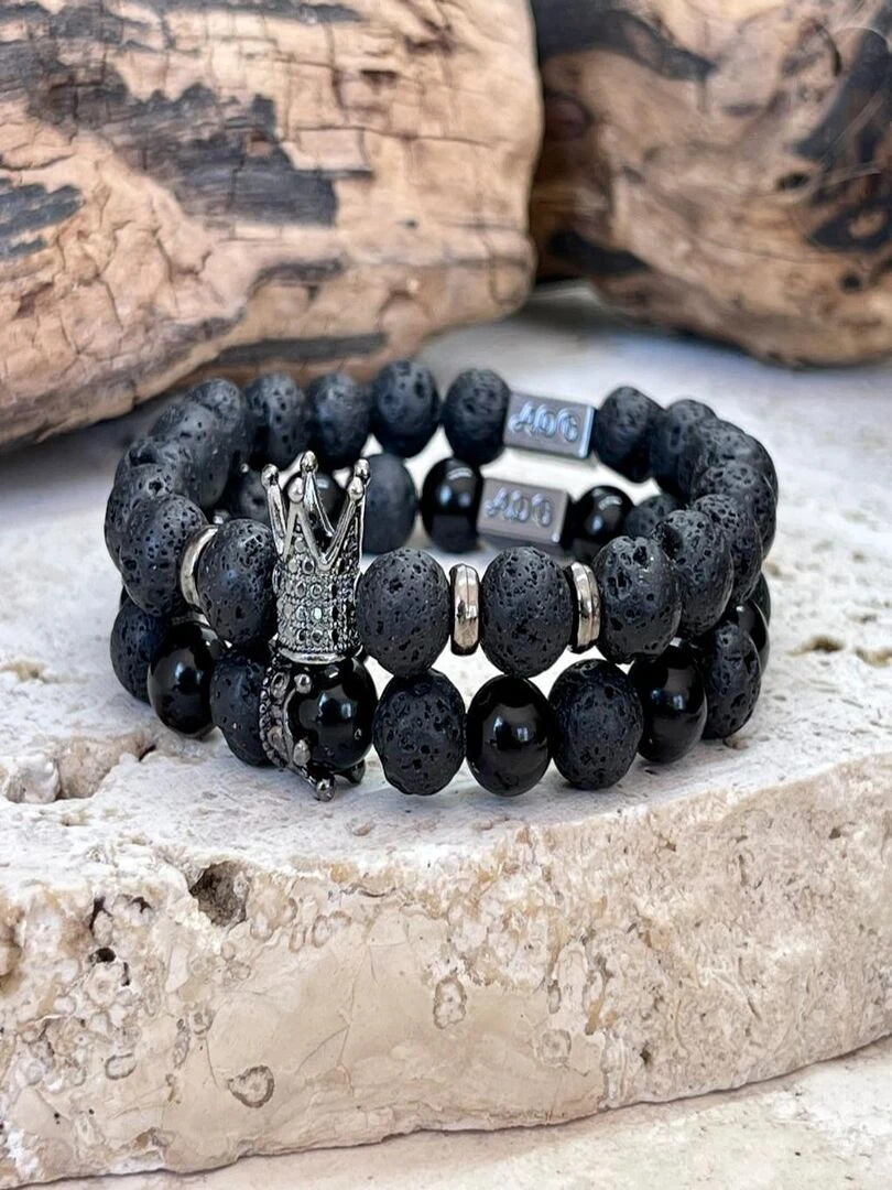 Bracelet couple REY en pierre de lave Noir