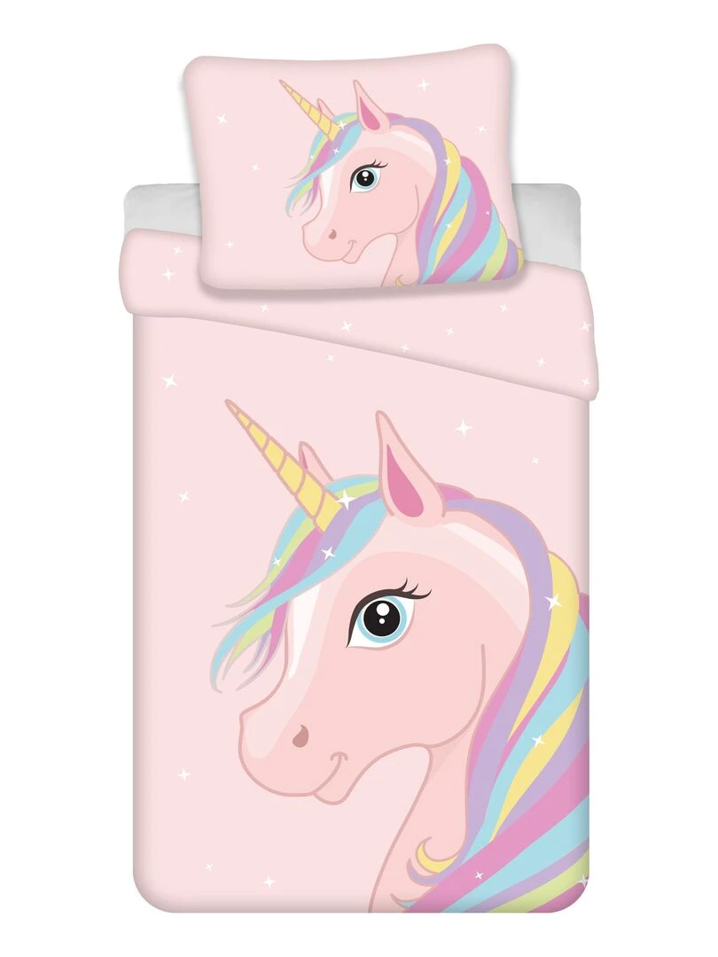 Parure de Lit Coton Licorne Arc En Ciel Rose