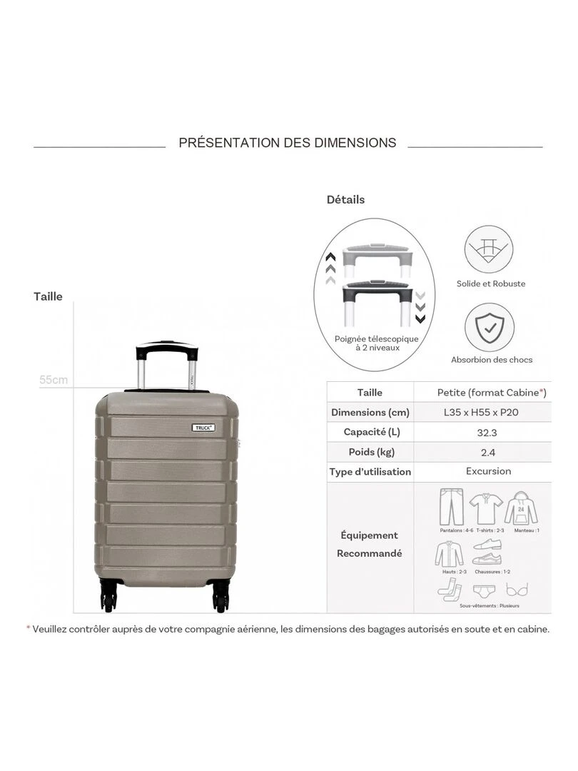 Valise cabine passe partout rigide 55cm ABS Beige
