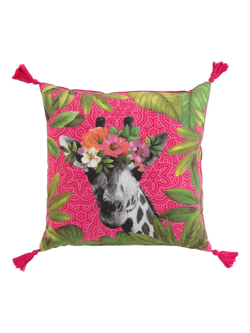 Coussin pompons Girafe en fleurs Rose