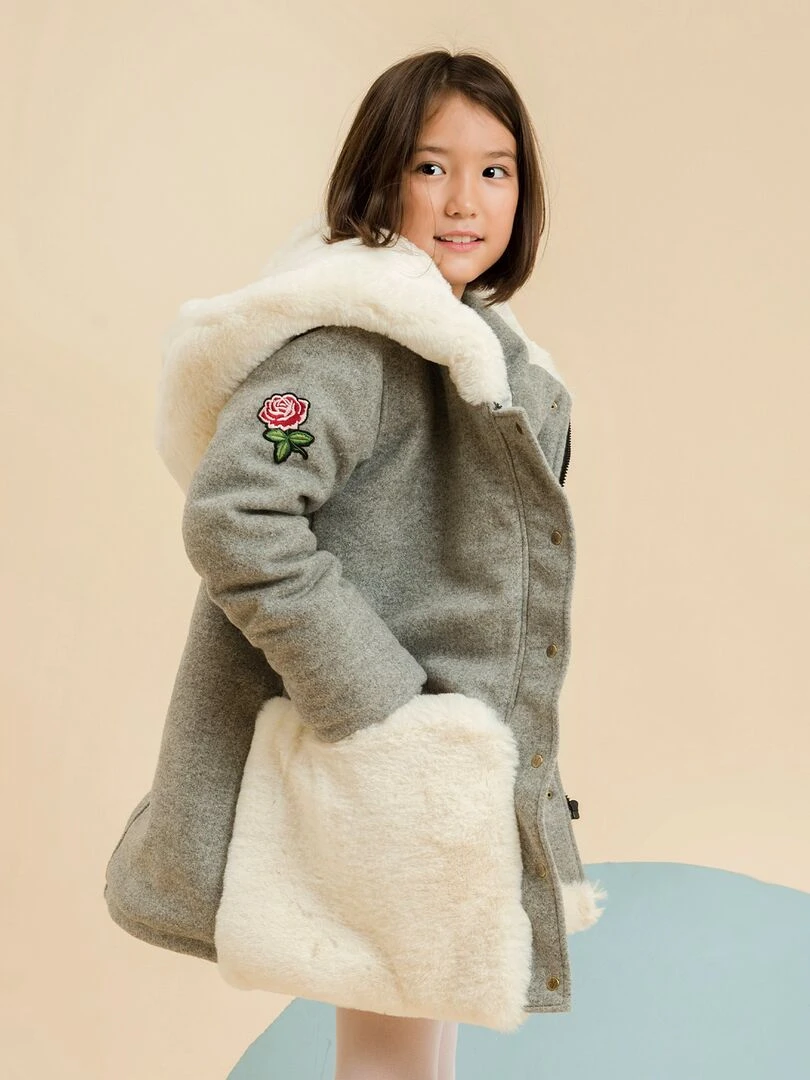 Manteau Laine Fille Gris Souris Fausse Fourrure Beige MIMI OURS 'LA FAUTE A VOLTAIRE' Gris clair