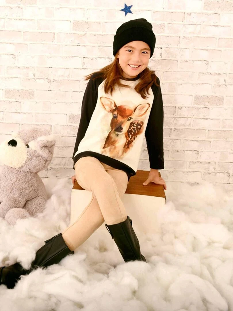 Sweat Beige Fille  Imprimé Bambi  THE FAWN   'LA FAUTE A VOLTAIRE'   Noir Beige