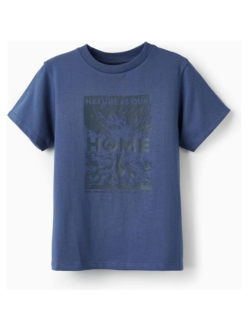 T shirt en coton pour garçon 'Nature is our Home' manches courtes Bleu foncé