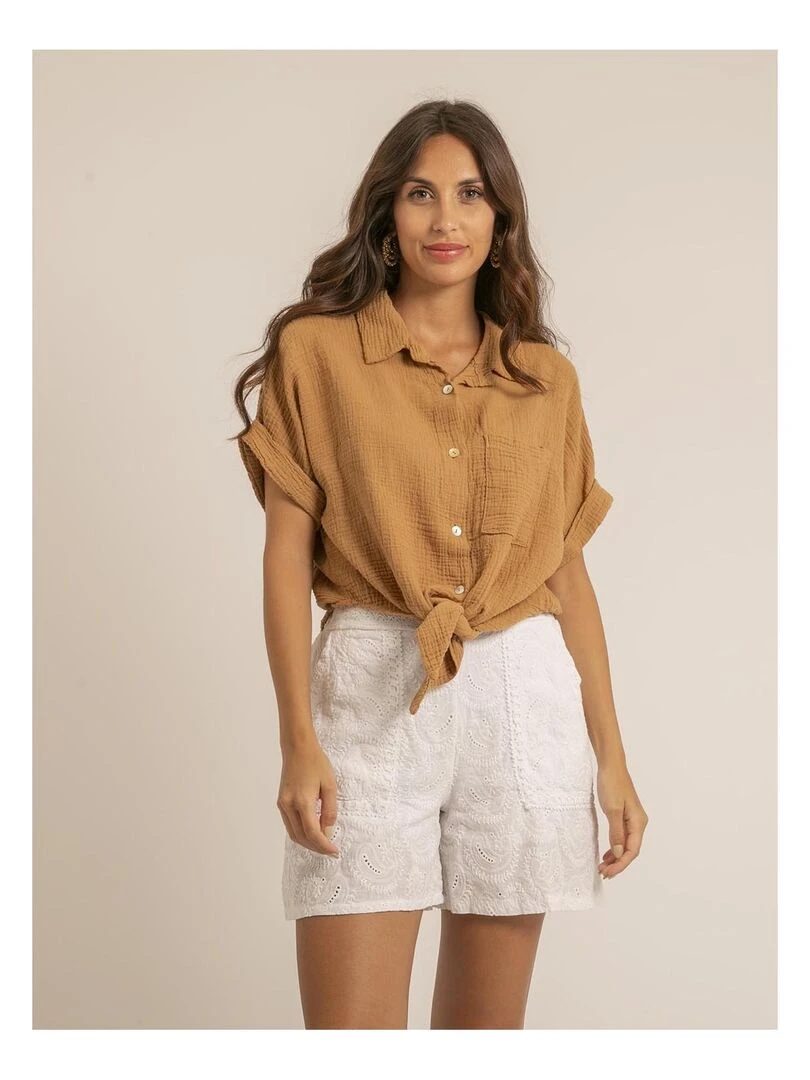 Chemise manches courtes gaze de coton ODETTE Beige