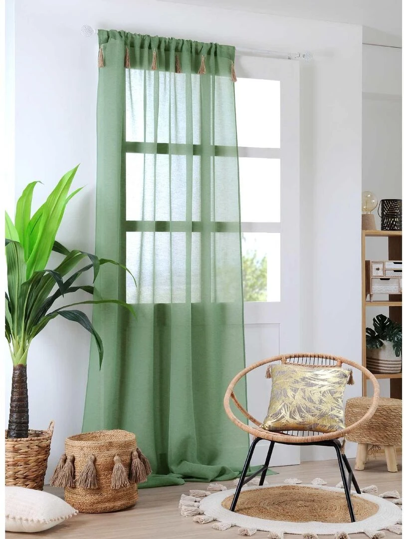 Voilage bohème à pompons en jute Vert clair