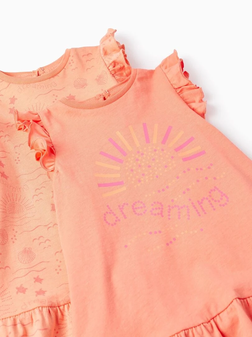 Pack 2 Robes en Coton pour Bébé Fille 'Dreaming' manches courtes EXPLORING AUSTRALIA   Blanc Orange clair