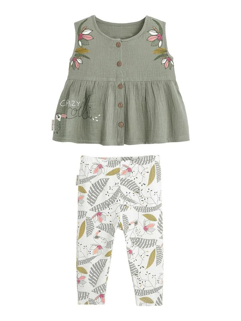 Ensemble bébé blouse en gaze de coton et legging Crazy Colibri Vert