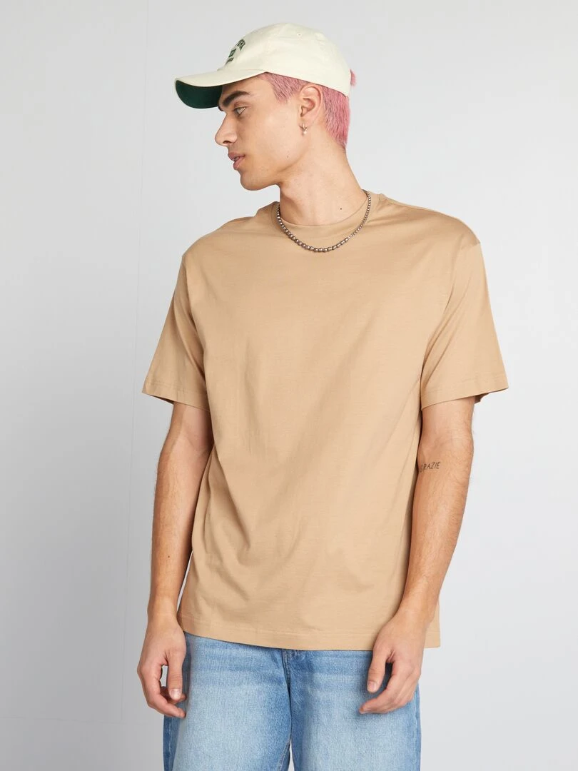 T shirt uni à col rond Beige