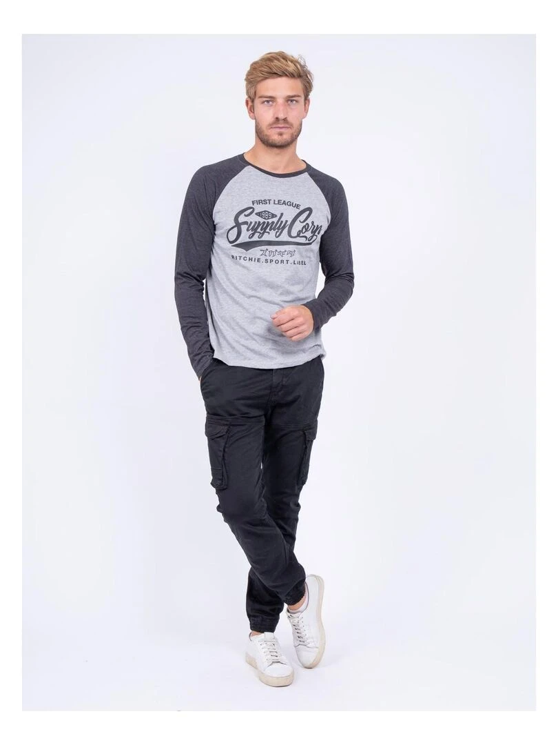 T shirt manches longues col rond pur coton JANDAT   gris anthracite