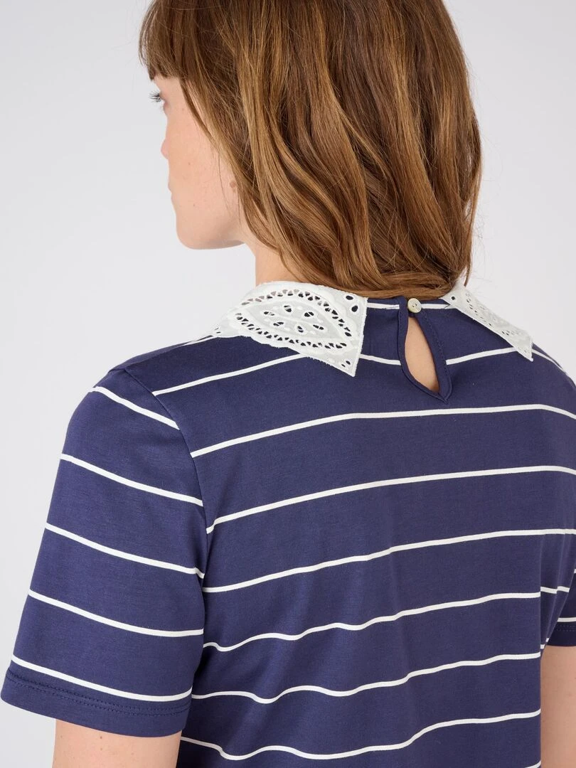 Tee shirt col broderie anglaise Damart Bleu marine