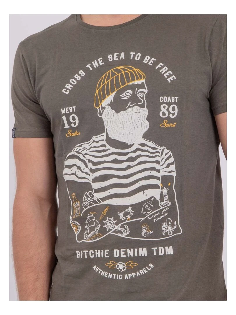 T shirt manches courtes col rond pur coton NUPLATON   Kaki