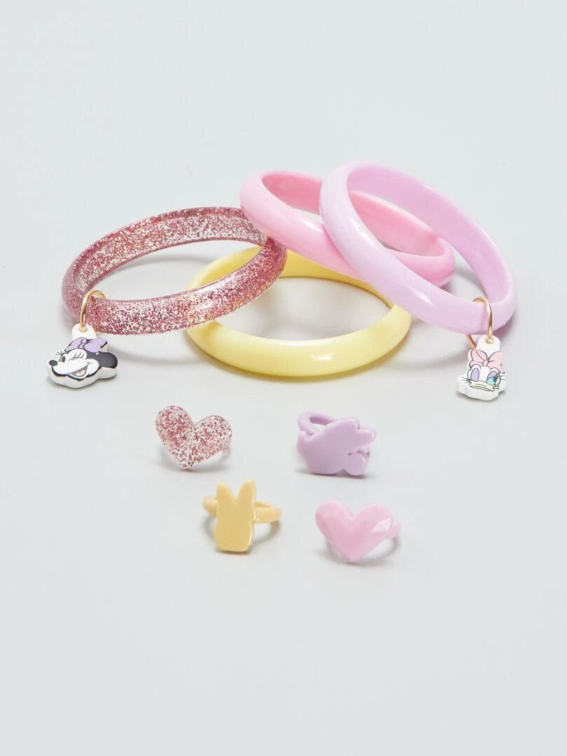 Lot de 4 bracelets + 4 bagues 'Daisy et Minnie' Rose