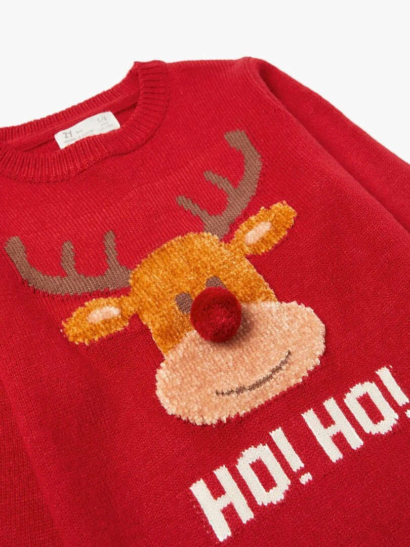 Pull Noël avec Pompon Enfant 'Renne'   NOËL   Rouge