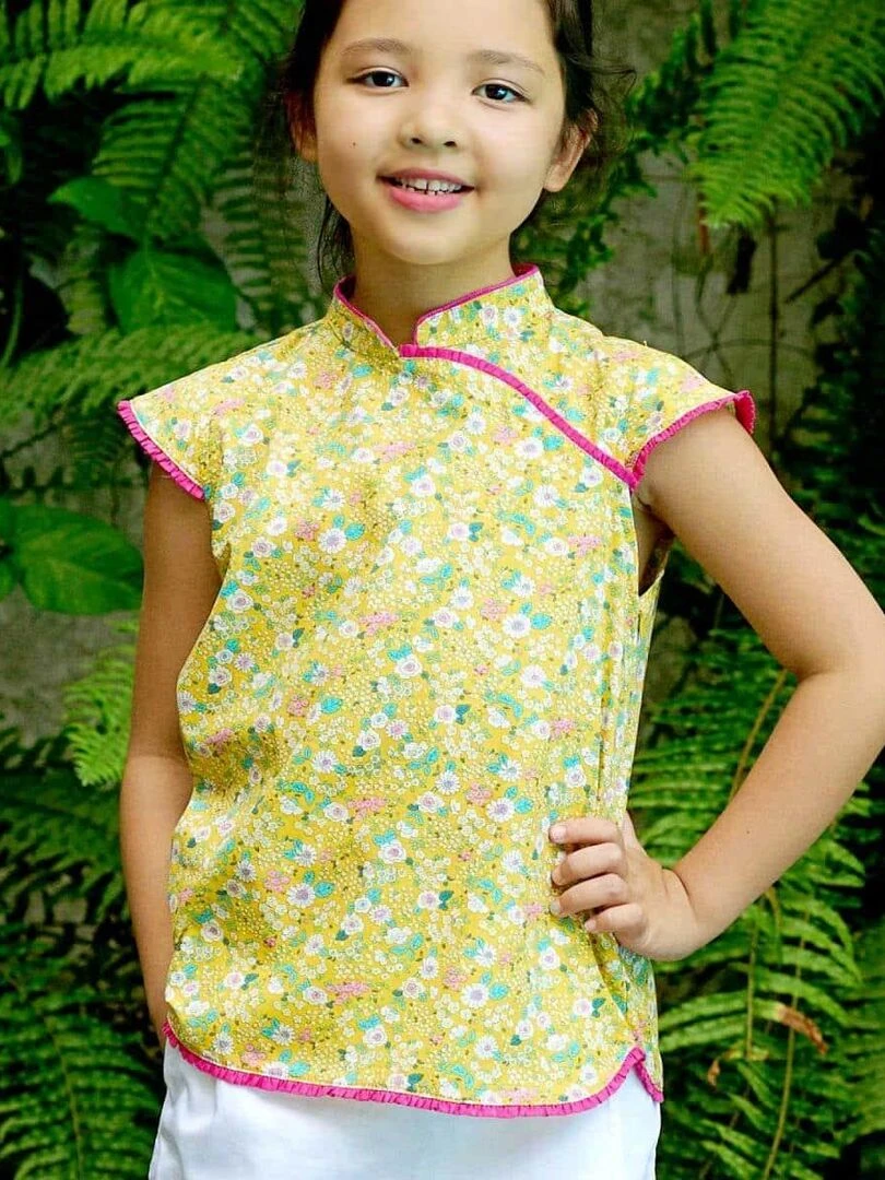 Blouse Chinoise Été Fille Fleurie Jaune Rose Fuchsia ANNAM 'LA FAUTE A VOLTAIRE' Jaune