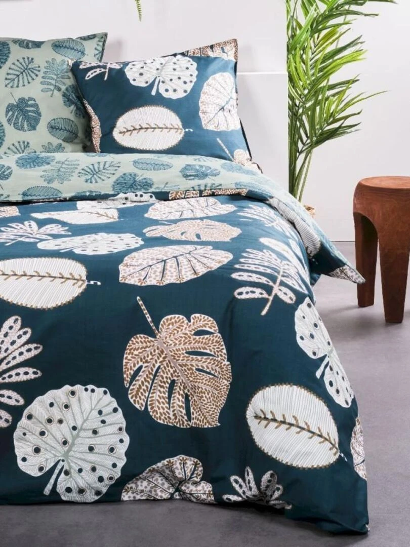 Housse de couette Sunshine Leaves + taie(s) 100% coton 57 fils Bleu