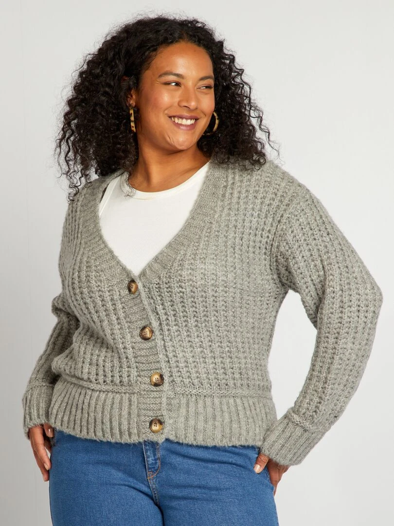 Gilet col V en maille grosse jauge Gris