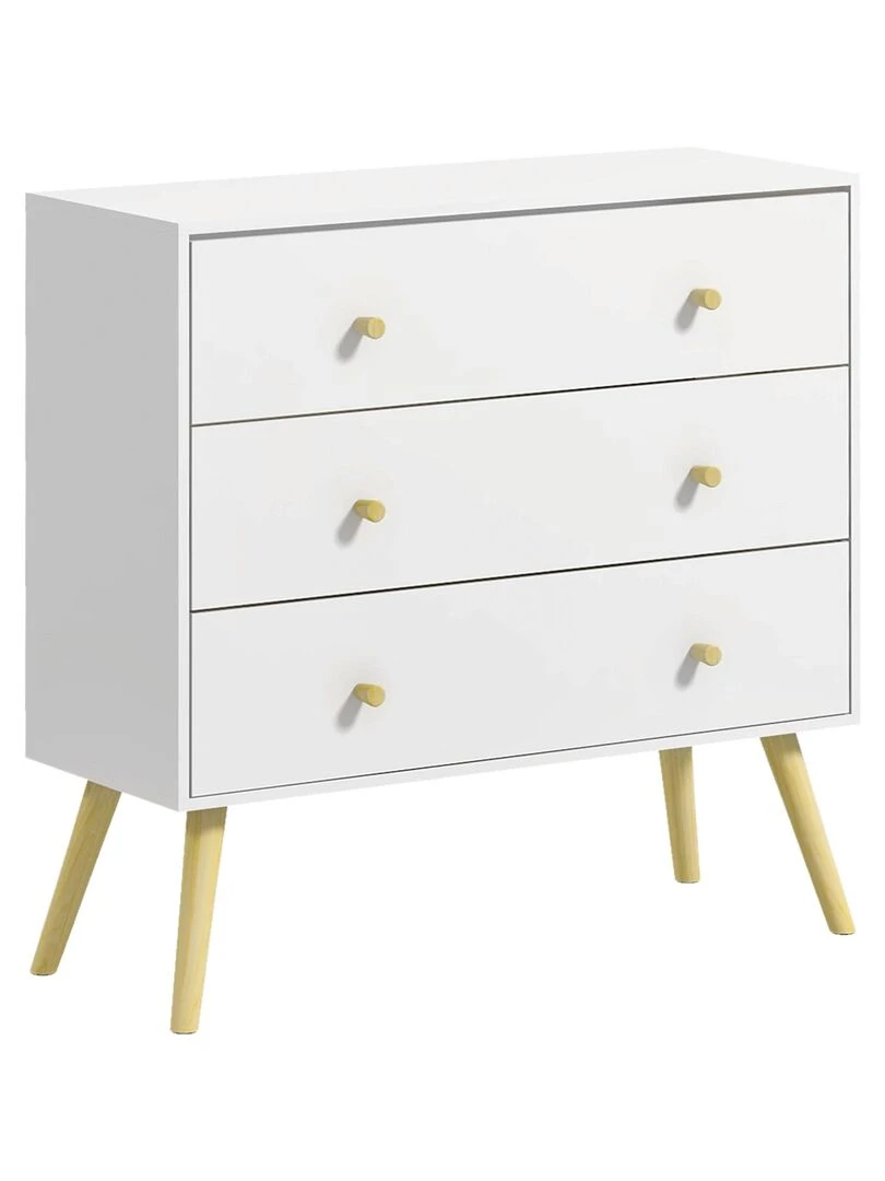 Commode 3 tiroirs design scandinave bois pin panneaux blanc Blanc