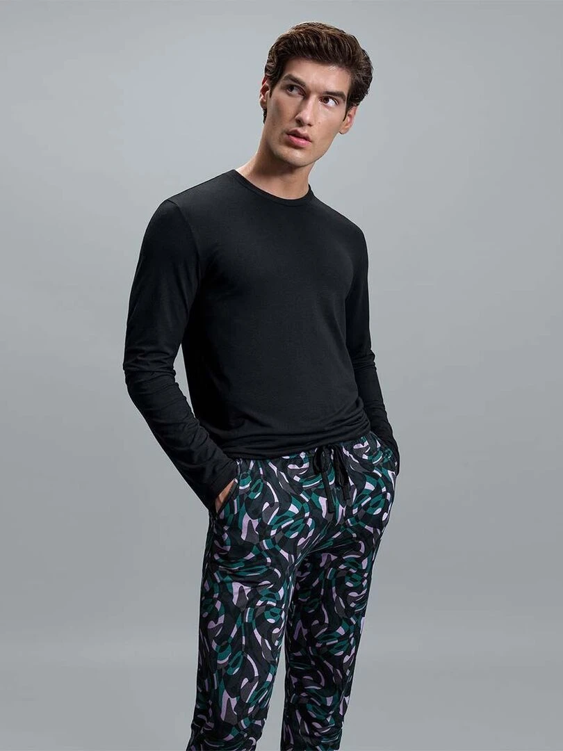 Pyjama long en lyocell et à imprimé abstrait Masato vert et lilas   Noir