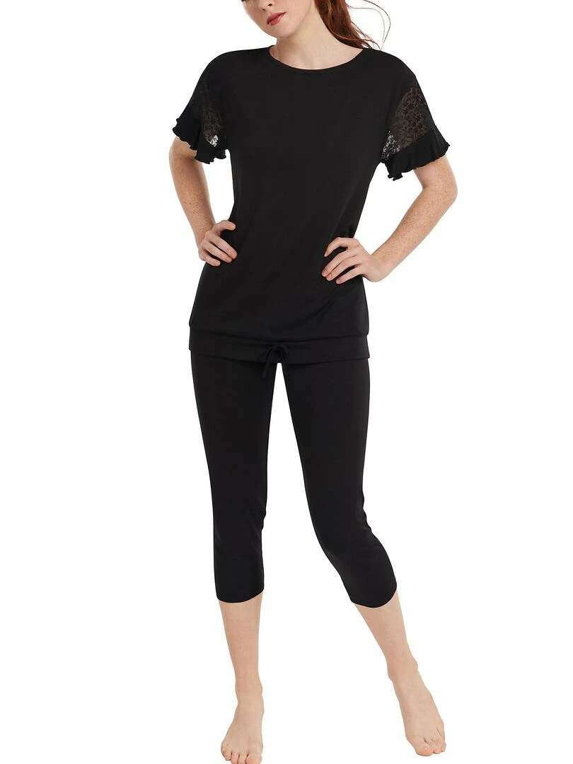 Pyjama leggings top manches courtes Smooth Noir