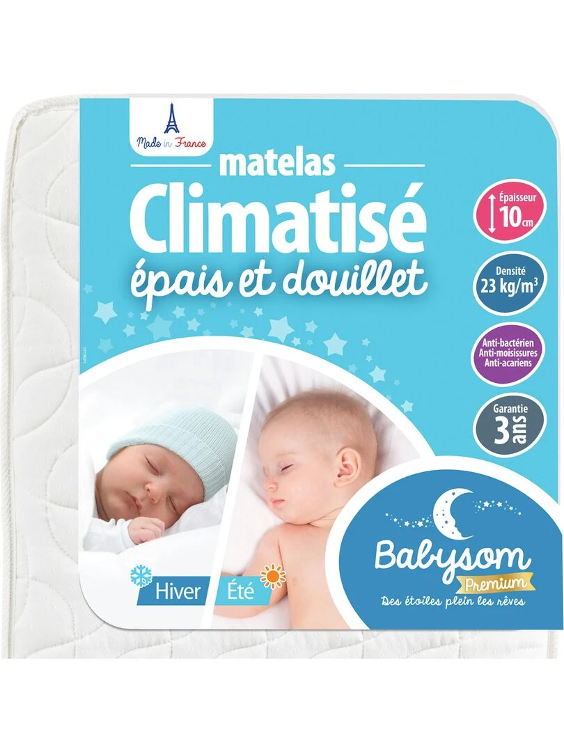 Babysom Matelas Bébé Climatisé 70x140 cm Épaisseur 10 cm Fabrication française Blanc