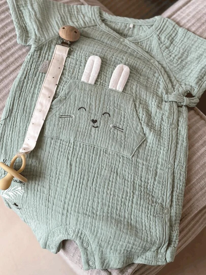 Barboteuse bébé en gaze de coton ouverture croisée Frimousse   Vert
