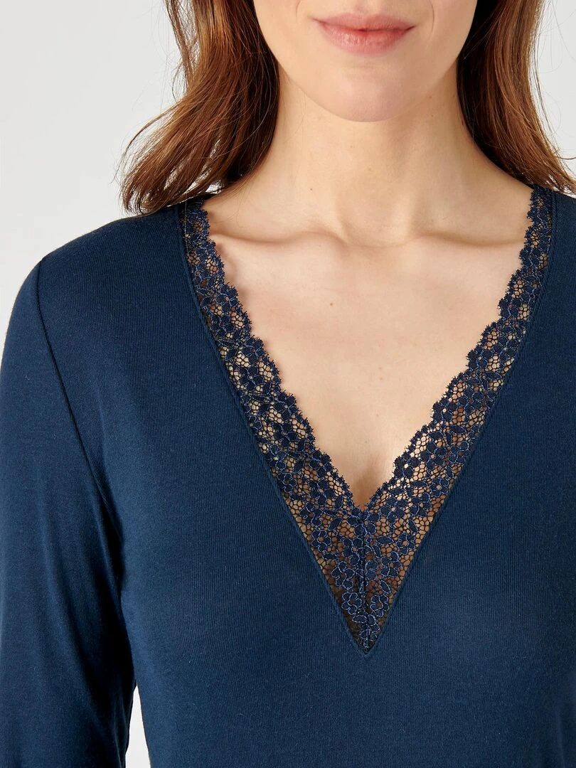 T shirt dentelle manches longues Thermolactyl Sensitive Damart Bleu marine