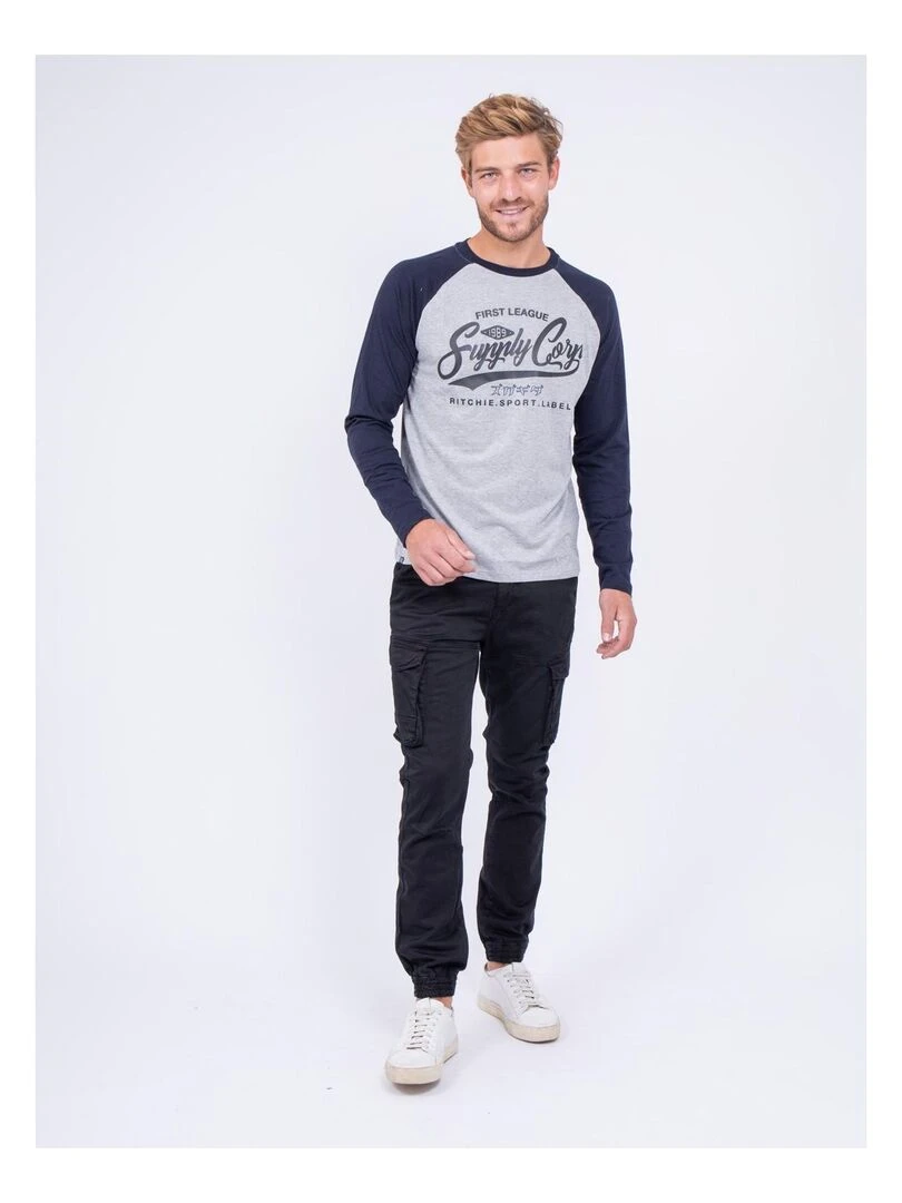 T shirt manches longues col rond pur coton JANDAT   Bleu marine