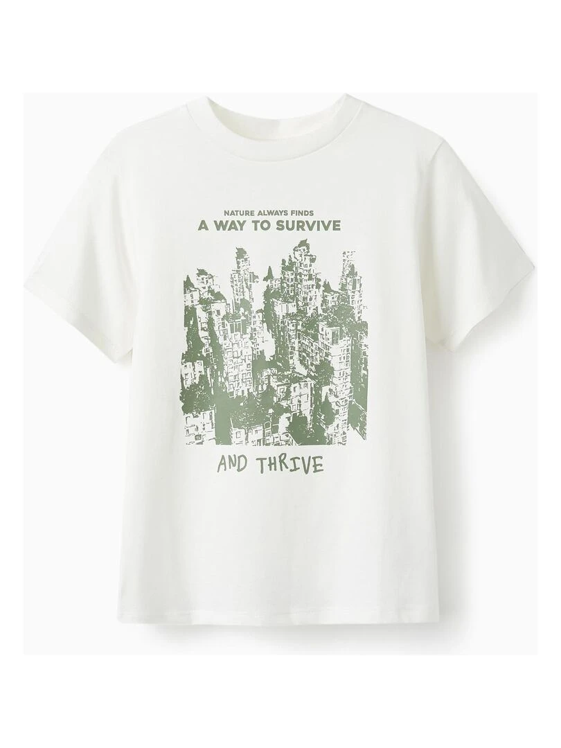 T shirt en coton pour garçon 'Nature Always Finds' manches courtes Blanc