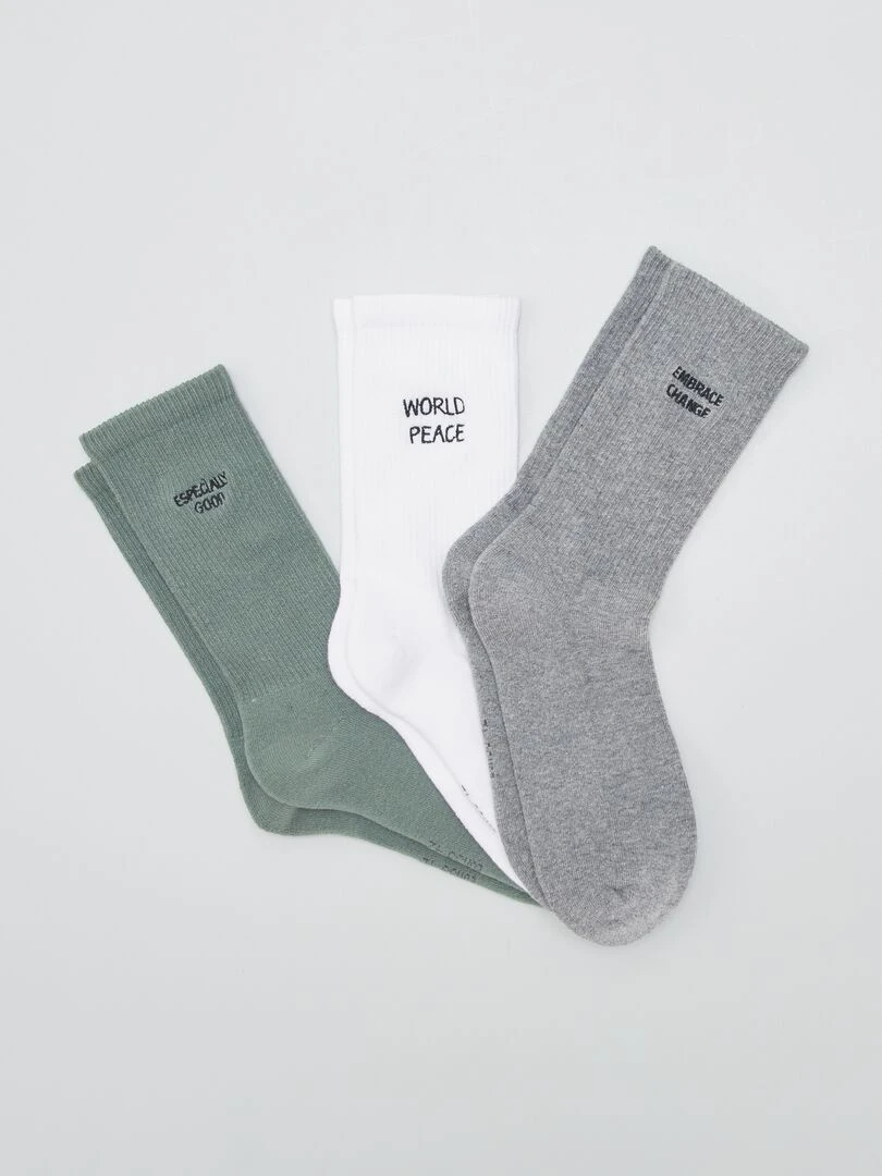 Lot de 3 chaussettes avec message Vert/blanc/gris